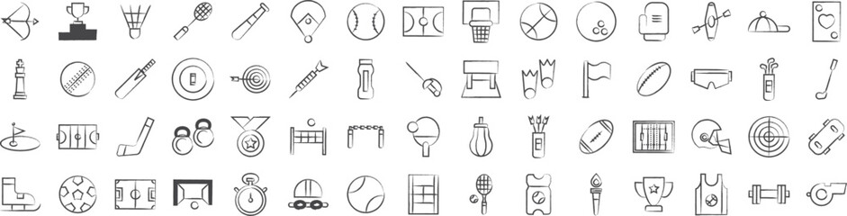 Type of sports and games hand drawn icons set, including icons such as Baseball Bat, Baseball, Badminton, Award, Cricket, , and more. pencil sketch vector icon collection