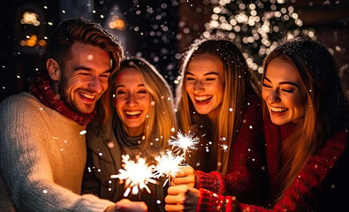 Obraz na płótnie Canvas Happy Friends with Christmas Sparklers, Fun Winter Party, Xmas Holidays People, Bengal Fire