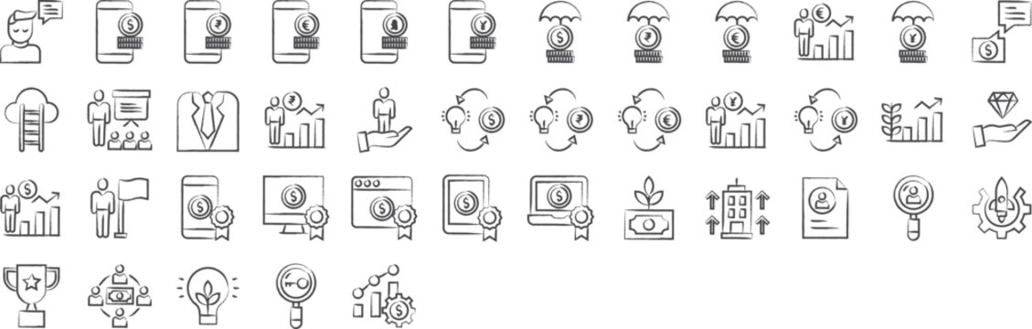 Savings And Investment Hand Drawn Icons Set, Including Icons Such As Advisor, Cloud, Investor, Investment, Leader,, And More. Pencil Sketch Vector Icon Collection