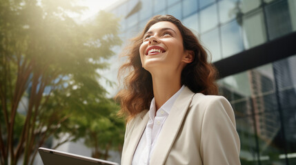 Smiling businesswoman holding a tablet while standing outdoors in front of modern office building in a sunny day. - Powered by Adobe