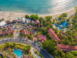 Aerial view of Senggigi resort coastline in Lombok Island, West Nusa Tenggara, Indonesia. Resort...