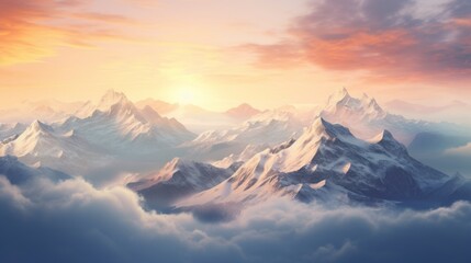 Fototapeta na wymiar Top view of snowy mountains landscape at sunset with fog, sunset, God Rays, drone view, snow