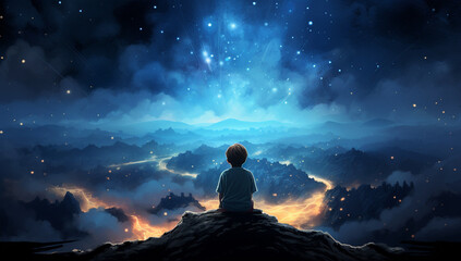Stargazer's Dream: Boy on Mountain Overlooking Starlit Sky - obrazy, fototapety, plakaty