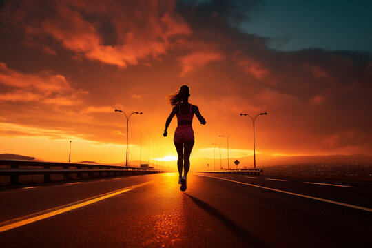 Sunset Marathon: Woman Running on Highway at Dusk