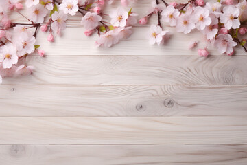 Fototapeta na wymiar Spring Serenity: Cherry Blossoms on Light Wooden Texture