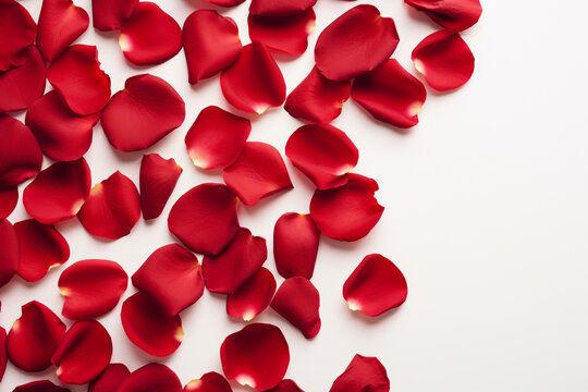 Scarlet Elegance: Scattered Red Rose Petals on White