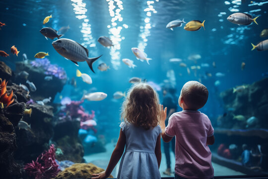 Kinder im Aquarium, rundherum Fische