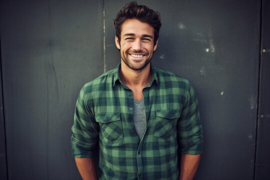 Joyful Casual: Man Smiling in Green Plaid Shirt