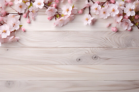Spring Serenity: Cherry Blossoms on Light Wooden Texture