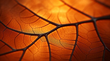 The intricate veins and patterns of an orange leaf illuminated by soft natural light.