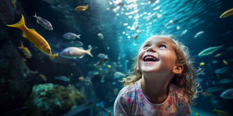 Kind im Aquarium, rundherum Fische - obrazy, fototapety, plakaty