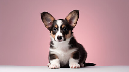 puppy welsh corgi cardigan, pink studio background. dog, pet.