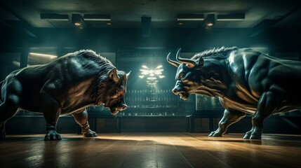 The stock exchange stage is set for a fierce confrontation between a stylishly dressed bull and bear, representing bullish and bearish sentiments.