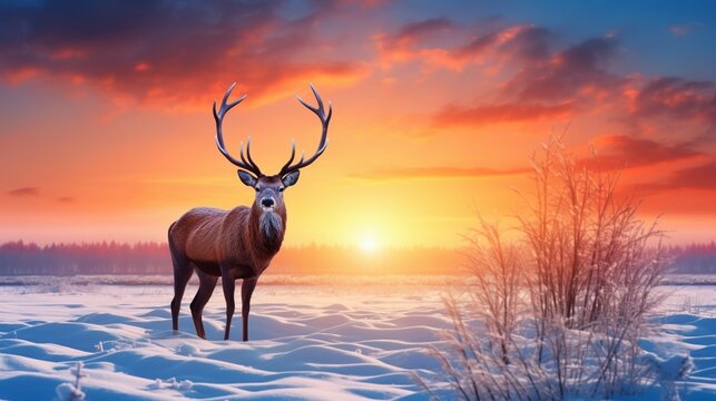 The silhouette of a majestic deer in a snow-covered field, embraced by the radiant colors of the setting sun.