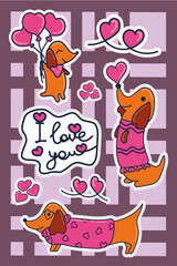 Dog Stickers Dachshund, Lovers' Day, Balloons in the Heart, Hearts, Happy Dogs