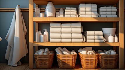 Fototapeta na wymiar neatly arranged towels and cleaning products in a basket to create a feeling of order and cleanliness.