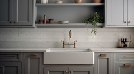 composition to capture the entire scene, including the sink, gray cabinets, white marble countertop and backsplash, and decorative elements.