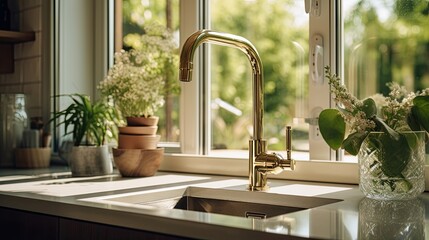 Fototapeta na wymiar close-up of a shiny gold faucet, rectangular sink and marble countertop in a kitchen or bathroom