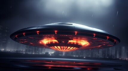 Mysterious UFO with radiant lights hovering over city under night sky. Futuristic alien spaceship ?lose up. Perfect for projects exploring extraterrestrial themes, science fiction and unknown. Sci-fi