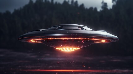 Mysterious UFO with radiant lights hovering over forest under night sky. Futuristic alien spaceship сlose up. Perfect for projects exploring extraterrestrial themes, science fiction, unknown. Sci-fi.