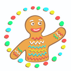 Gingerbread man points with her hand in the direction of something.