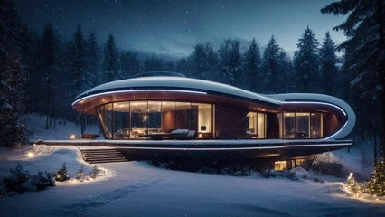Futuristic, luxury rental property in the woods. Snowflakes falling and festive lighting at new year nighttime. Winter getaway. Rest, tranquil, cozy atmosphere. Loop animation video.