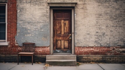 Classic wooden door with a weathered finish in a vintage brick and painted wall, accompanied by a wooden chair on a sidewalk.