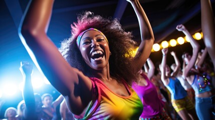 An exuberant woman dancing with joy at a vibrant, neon-lit disco party.
