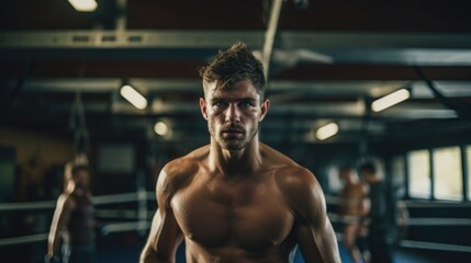 Fototapeta na wymiar A determined male boxer with intense focus stands in a gym, poised and ready with his gloves up.