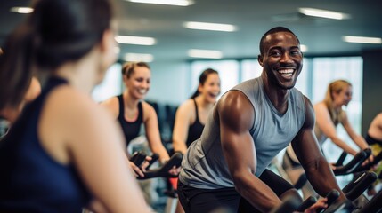 Fototapeta na wymiar A joyful Black man participating in a spinning class at a gym, surrounded by smiling classmates.