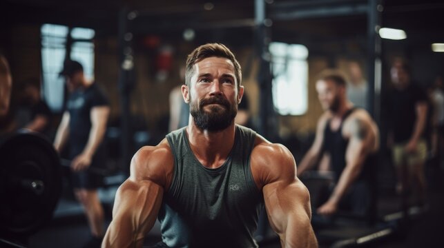 A muscular Caucasian male athlete in a tank top lifting weights at a gym with a focused expression.