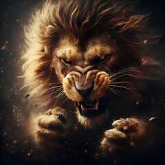 A lion is furious with its mouth open. Generative AI
