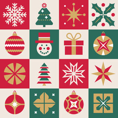 Christmas decorative seamless pattern. Happy new year creative background. Simple flat icons set. Graphic design. Vector illustration.  - 685872125