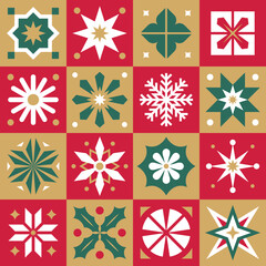 Christmas snowflakes decorative seamless pattern. Happy new year creative ornament background. Simple flat icons set. Graphic design. Vector illustration.  - 685872132