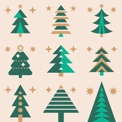 Christmas trees decorative seamless pattern. Happy new year creative ornament background. Spruce pine trees simple flat icons set. Graphic design. Vector illustration.  - 685872145