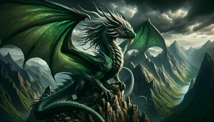 AI generated illustration of  an emerald dragon perched atop a mountain