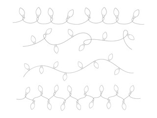 Set of Doodle line drawn Christmas garland with light bulbs. Outline black holiday decoration isolated on white. Minimalist simple festive design element