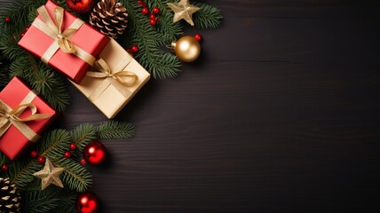 Christmas dark black background with beautiful texture and Golden gift box with red ribbon, fir branches, cones, Christmas tree toys stars with generative ai