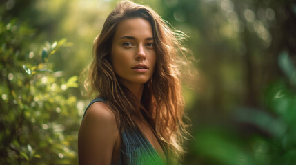 Naklejka premium happy woman in nature, caucasian, 20s, fictional location