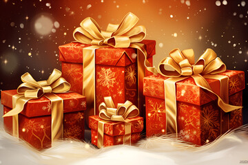 A set of gifts in New Year's packaging, festive mood. Located on a red background.