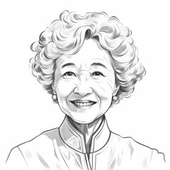 Smiling Old Chinese Woman with Blond Curly Hair Sketch Illustration. Portrait of a Business person isolated on white background. Creative Doodle Drawing. Ai Generated Square Illustration.