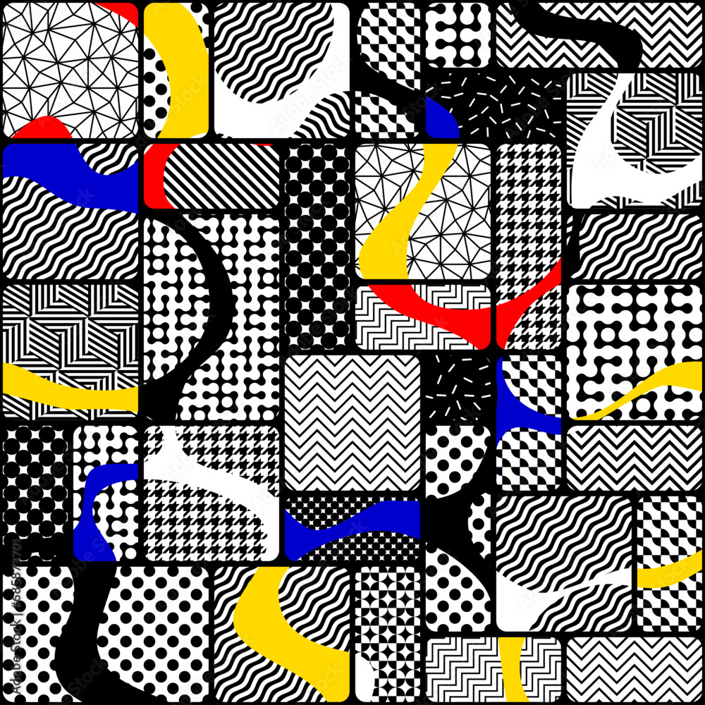 Leinwandbilder Seamless vector image. Abstract geometric Pop art style pattern. Mondrian style patchwork pattern.