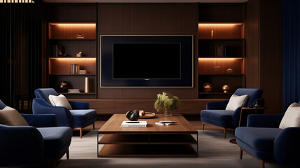 Frame Mockup | Livingroom | Framed artwork | Interior Design Photography | Modern Moody TV Room | Wood. dark blue, LED lights, Masculine. 
