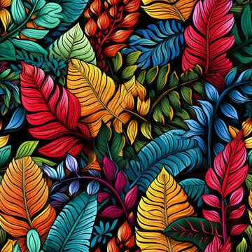 Seamless pattern with tropical flowers and leaves