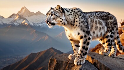  a snow leopard standing on top of a large rock in front of a mountain range with a mountain range in the background and snow covered mountains in the foreground.