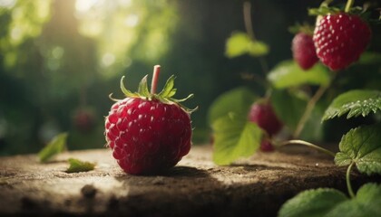  a close up of a raspberry on a rock with green leaves and sunlight shining through the leaves on the other side of the rock, on a sunny day.