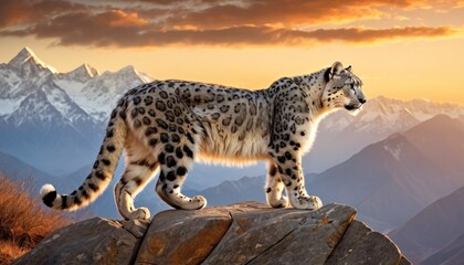  a snow leopard standing on top of a rock in front of a mountain range with snow covered mountains in the background and a sky filled with orange and white clouds. - obrazy, fototapety, plakaty