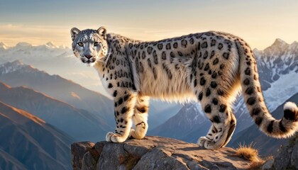  a snow leopard standing on a rock in front of a mountain range with snowcapped mountains in the background and a sky filled with clouds in the foreground.