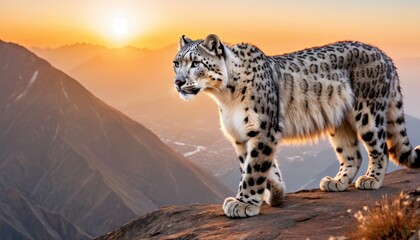  a snow leopard standing on top of a mountain at sunset with a view of the mountains in the back ground and the sun in the sky behind the snow leopard.