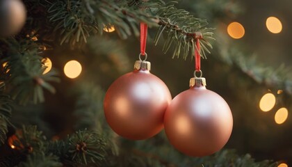  a close up of two ornaments hanging from a christmas tree with lights in the backgrounge of the tree in the backgroungeundle of a blurry background.